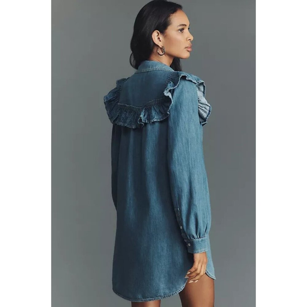 Pilcro Ruffled Denim Mini Shirt Dress Long-Sleeves Women's Size XXS Blue - Picture 2 of 4